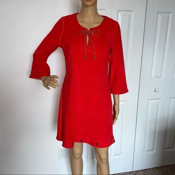 Boston Proper 3/4 Sleeve Red Grommet Terrycloth Tunic Mini Dress Size Small - Picture 3 of 16